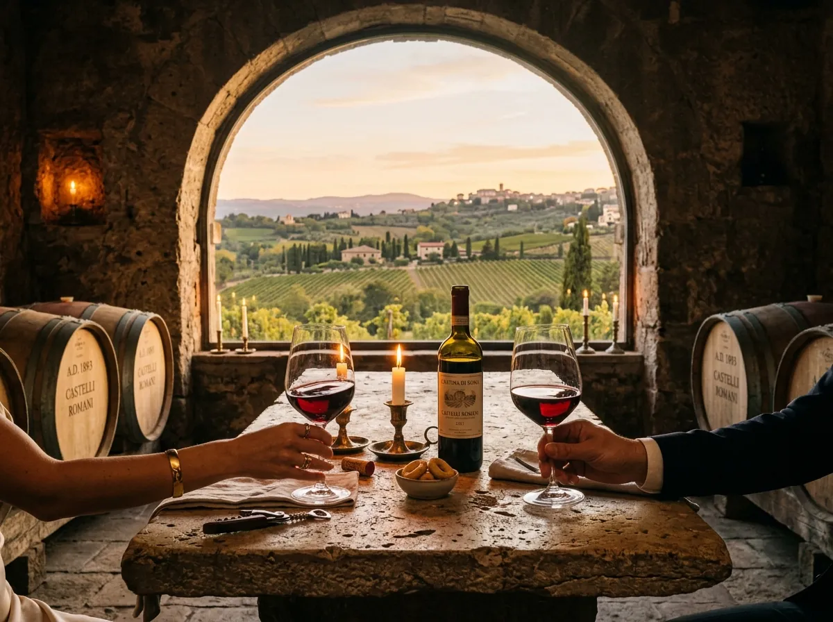 Degustazione di vino rosso in una cantina dei Castelli Romani, con le botti e la vista sui vigneti