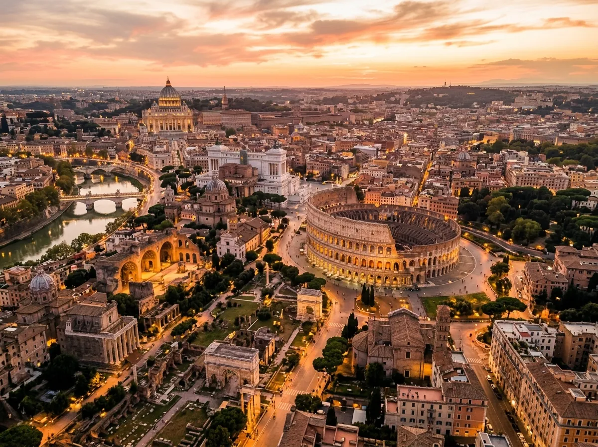 Roma dall'alto al tramonto, con il Colosseo illuminato e la cupola di San Pietro sullo sfondo